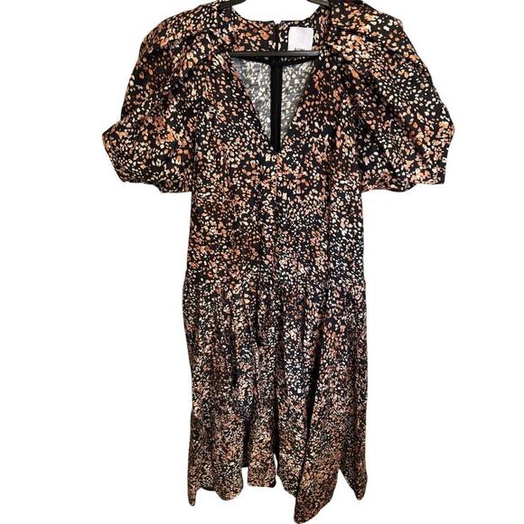 Acler NWOT Warner Belted Dress Puff Sleeves Linen A Line Maxi Black Brown Size 6 - Picture 3 of 15